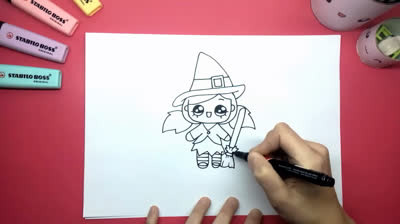 Dibujos de Halloween Para Niños: Cómo dibujar una bruja kawaii